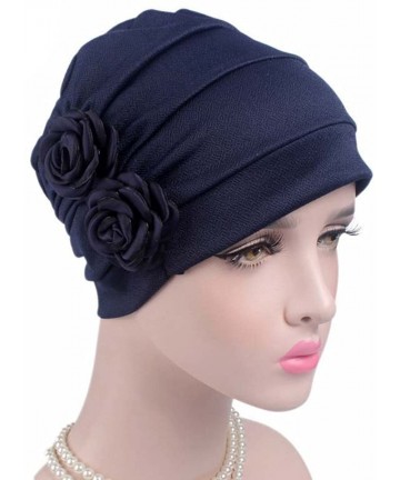 Skullies & Beanies Ruffle Chemo Turban Headband Scarf Beanie Cap Hat for Cancer Patient - Navy Blue - CY183RLQQOD $12.88